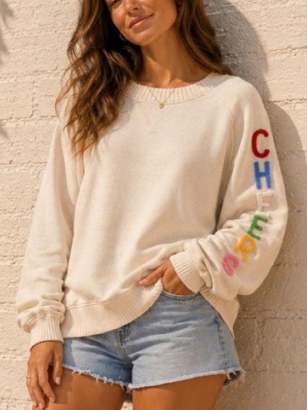 aerie Cream Crewneck Sweater - Oversized Multicolor CHEERS